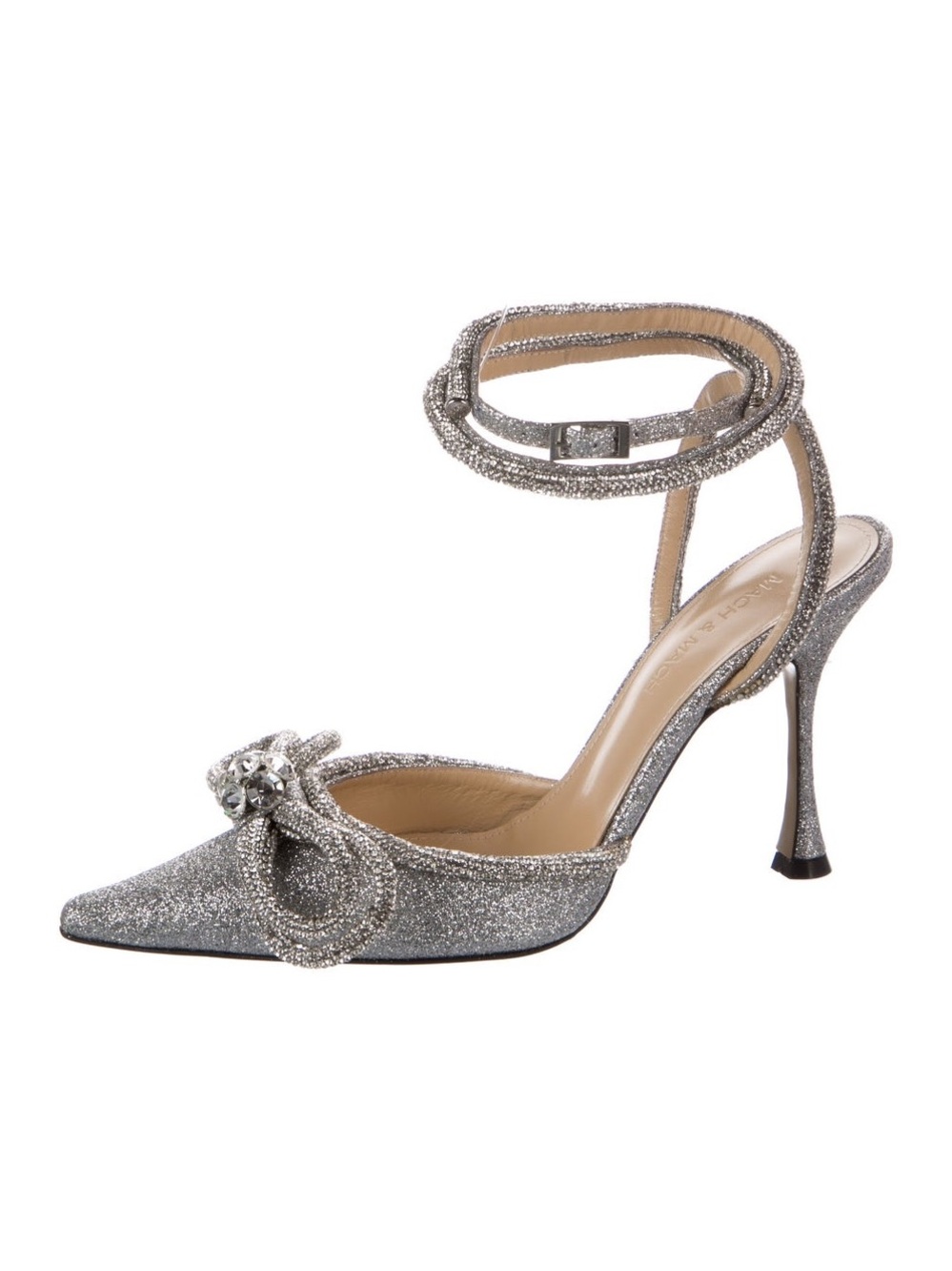 Mach & Mach Silver Glitter Ankle-Strap Pointed Toe Stiletto Pump